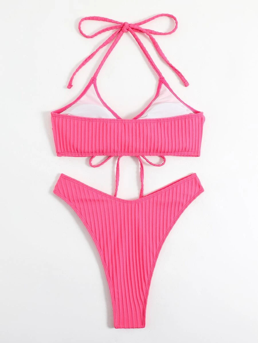 Bañador bikini halter con diamante de imitación vinculado con cadena